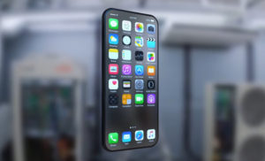 Koncept budoucího iPhonu s displejem bez rámečků na rozostřeném pozadí