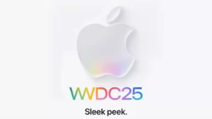 Oficiální grafika Apple s bílým logem jablka a nápisem WWDC25 Sleek peek