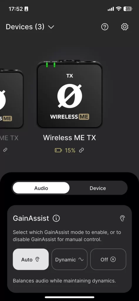rode wireless me gain assist screen