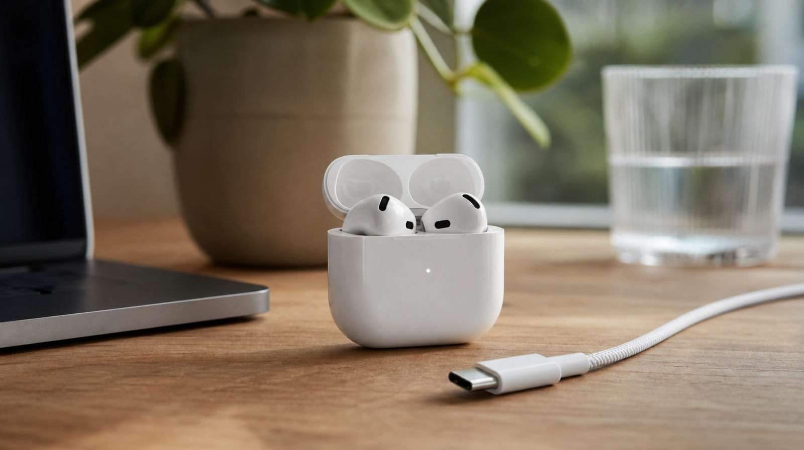 Otevřené bílé nabíjecí pouzdro pro sluchátka položené vedle USB-C kabelu