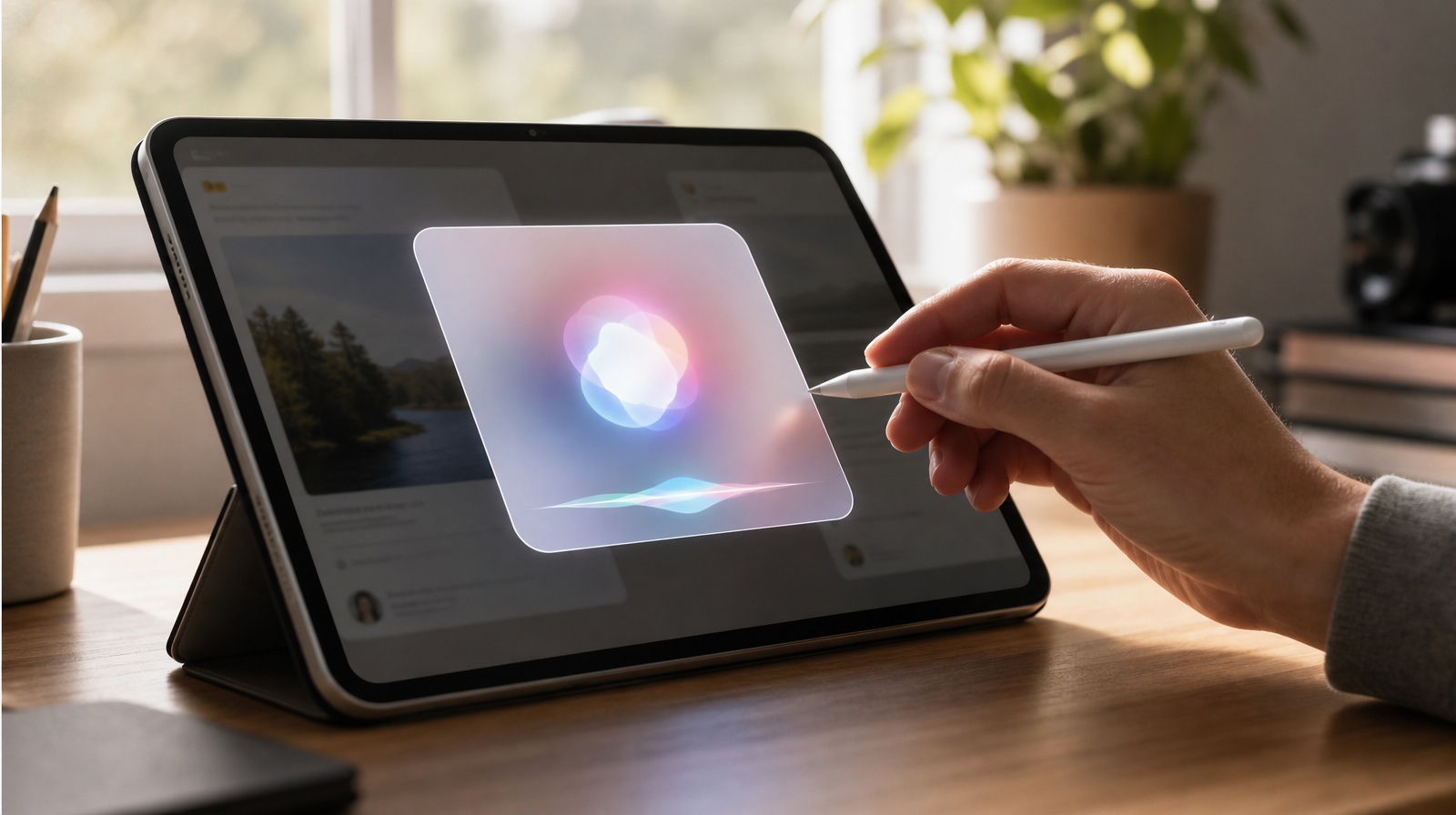 Stylus a tablet s plovoucím panelem asistenta symbolizující novou Siri