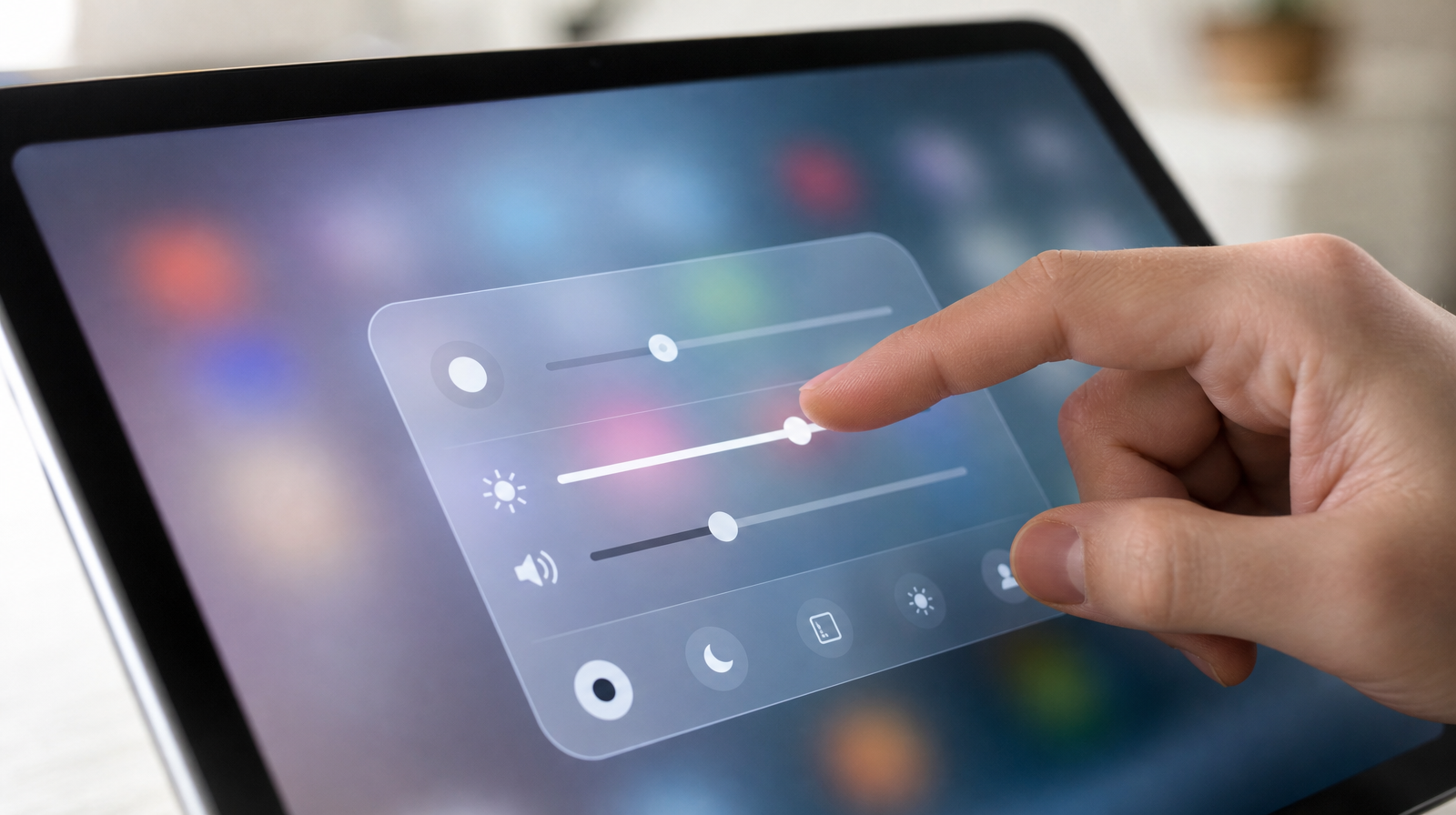 Detail průhledného skleněného designu rozhraní iPadOS 27