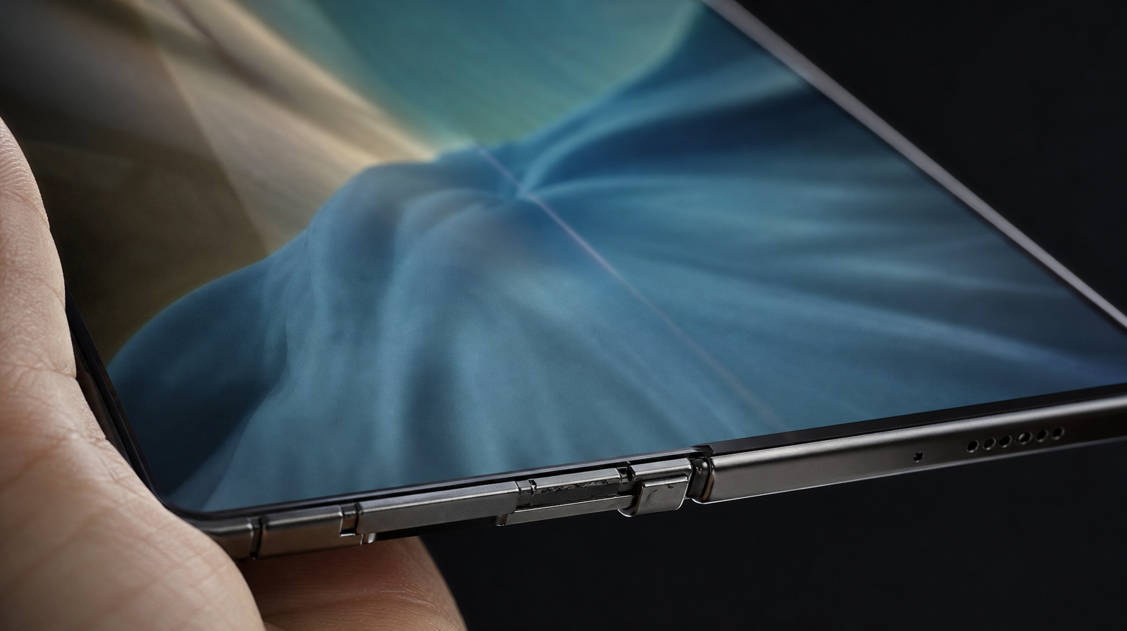 Detail záhybu na displeji skládacího telefonu