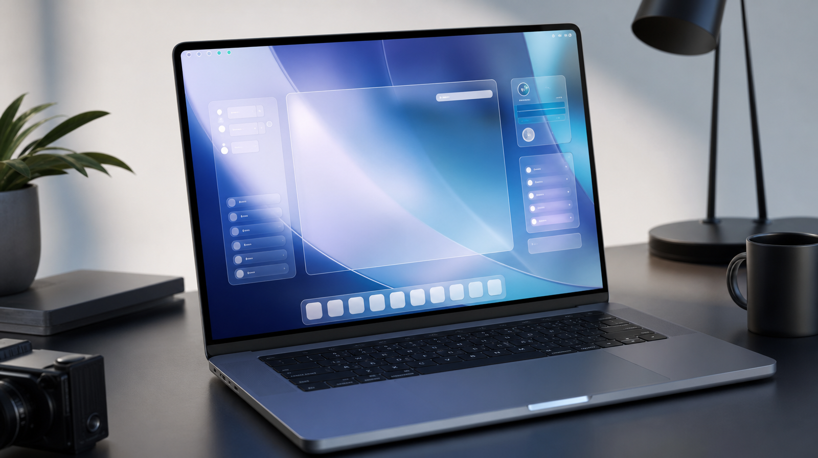 MacBook s otevřeným displejem zobrazujícím průsvitné skleněné uživatelské rozhraní macOS 26 Tahoe
