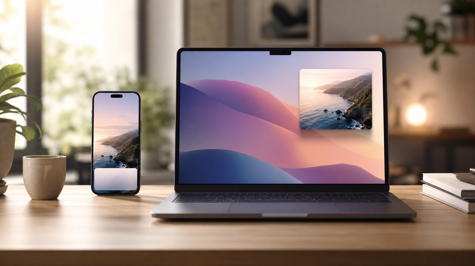iPhone a MacBook vedle sebe na stole symbolizující propojení mezi zařízeními v macOS 26 Tahoe