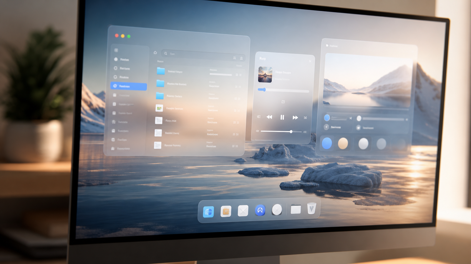 Detail průhledných skleněných panelů uživatelského rozhraní macOS s jemným podsvícením