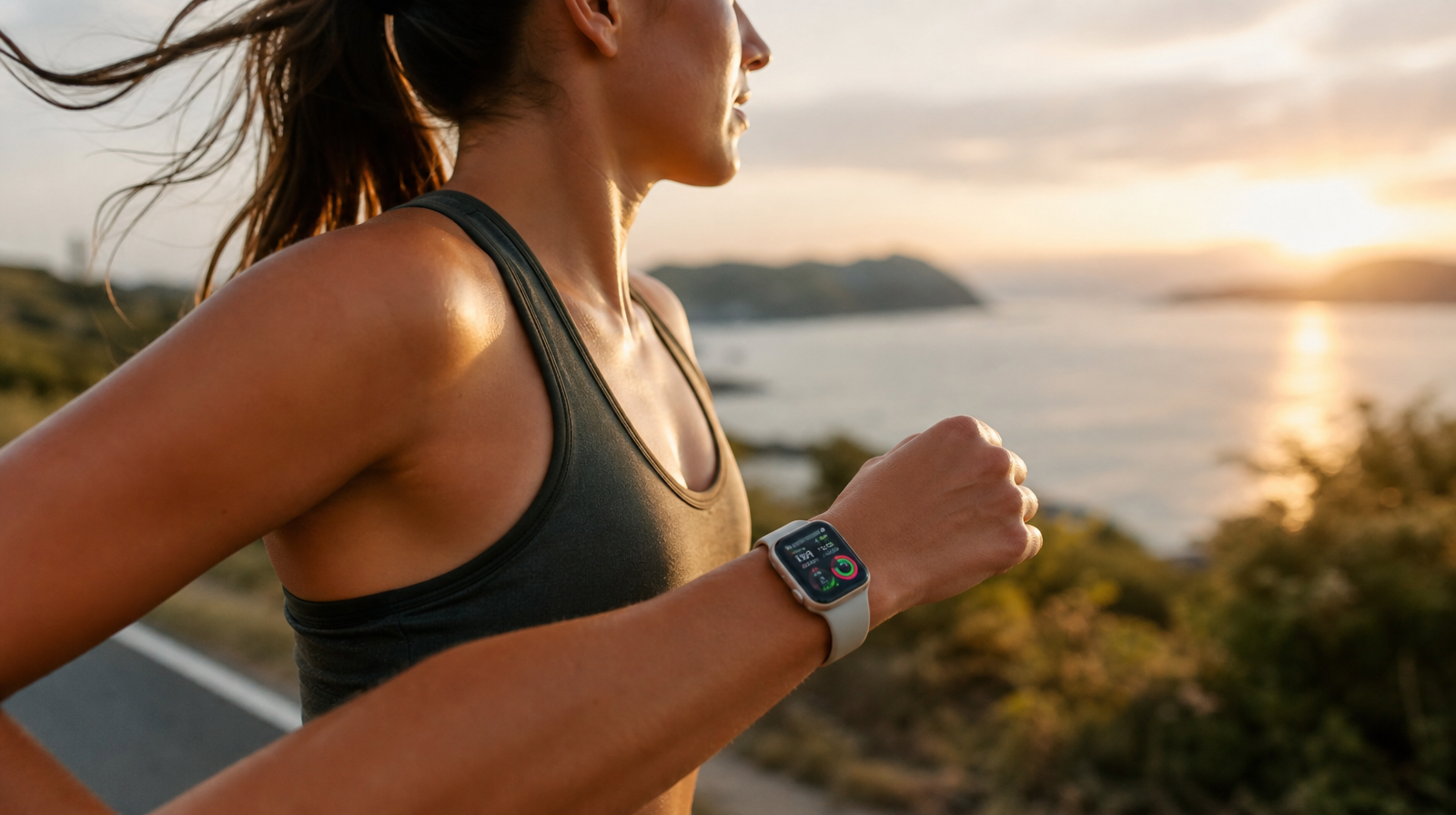 Běžec s Apple Watch na zápěstí během tréninku venku