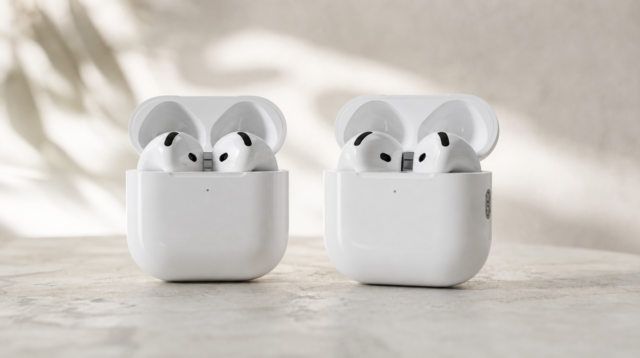 Dvě krabičky AirPods 5, běžná varianta a varianta s aktivním potlačením hluku