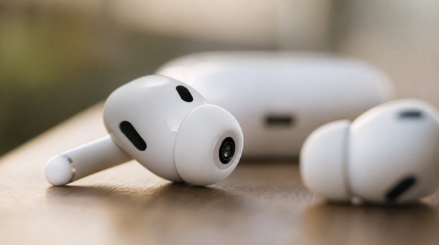 Sluchátka AirPods Pro s naznačenou kamerou pro funkci Visual Intelligence