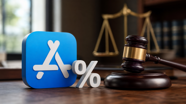 Ikona App Storu a soudcovské kladívko jako symbol sporu Apple versus Epic Games o poplatky za odkazy