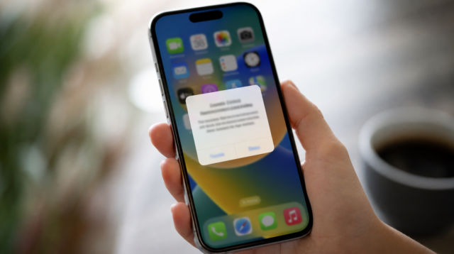 iPhone se zobrazeným oknem App Tracking Transparency žádajícím souhlas se sledováním