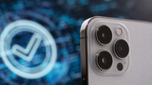 Detail fotoaparátu iPhonu jako symbol ověřování pravosti fotek