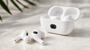Bílá sluchátka AirPods na světlém stole jako ilustrace k tématu AirPods Ultra