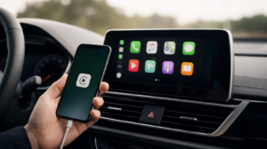 iPhone připojený přes CarPlay k displeji autorádia