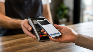 iPhone platící přes Apple Pay u bezkontaktního terminálu