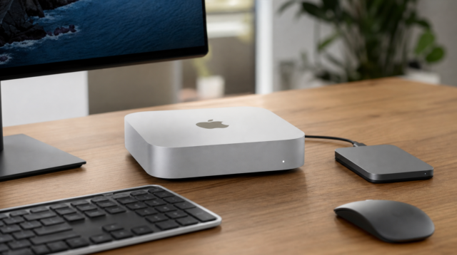 Mac mini na stole vedle klávesnice, myši a externího SSD disku Mac mini na stole vedle klávesnice, myši a externího SSD disku
