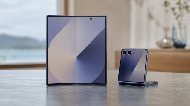 Samsung Galaxy Z Fold8 rozložený vedle sklopeného Z Flip8 na tmavém pozadí