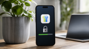 Aplikace Hesla v iOS 27 se zámkem a indikátorem probíhající automatické opravy hesla