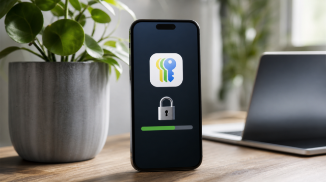 Aplikace Hesla v iOS 27 se zámkem a indikátorem probíhající automatické opravy hesla