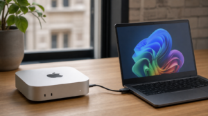 Nový Mac mini a notebook s Windows propojené kabelem během přenosu dat