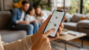 Obrazovka appky Najít na iPhonu se sdílenou polohou kontaktu na mapě