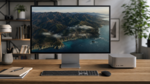 Mac Studio připojený k externímu monitoru přes Thunderbolt kabel