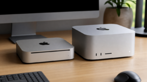Starší a nový Mac mini vedle sebe na pracovním stole jako srovnání generací
