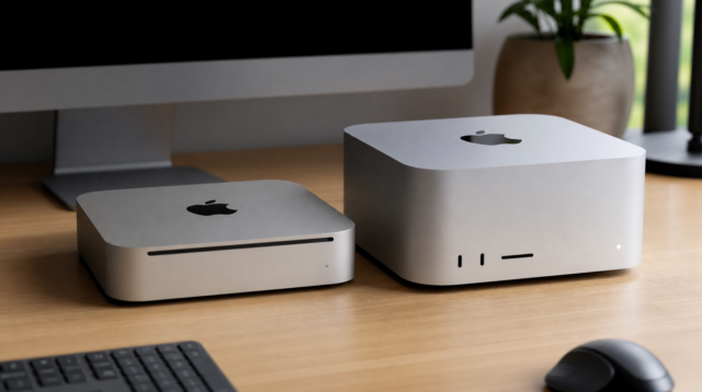 Starší a nový Mac mini vedle sebe na pracovním stole jako srovnání generací Starší a nový Mac mini vedle sebe na pracovním stole jako srovnání generací