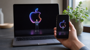 Přenos Apple keynote sledovaný na notebooku a telefonu