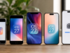 Které iPhony podporují všechny funkce iOS 27? Několik modelů iPhonu vedle sebe s displejem ukazujícím aktualizaci na iOS 27