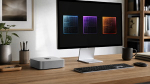 Mac mini na stole vedle monitoru a klávesnice