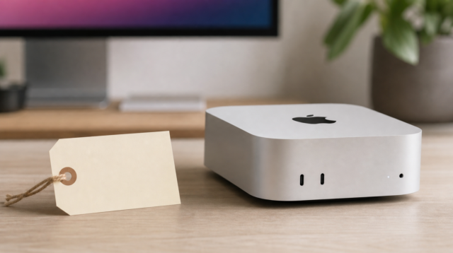 Mac mini M4 se štítkem doprodejové ceny na tmavém pozadí