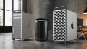 Různé generace Mac Pro od hliníkové věže z roku 2006 po finální model s čipem M2 Ultra