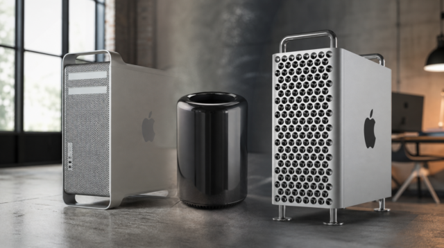 Různé generace Mac Pro od hliníkové věže z roku 2006 po finální model s čipem M2 Ultra