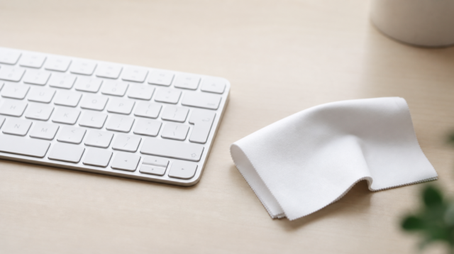Klávesnice Magic Keyboard a leštící hadřík Apple na stole Klávesnice Magic Keyboard a leštící hadřík Apple na stole