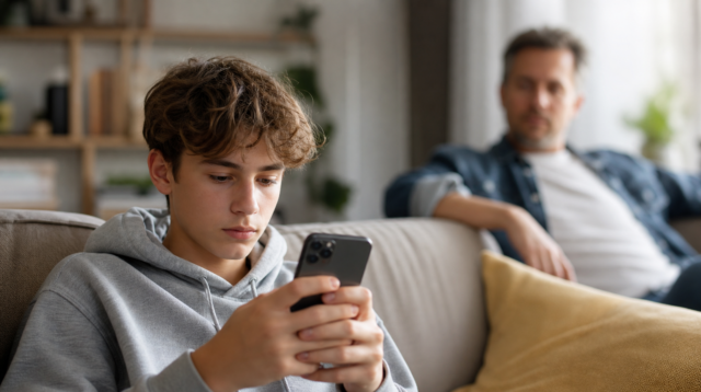 Teenager s iPhonem v ruce používá sociální síť