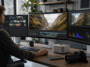 Co nové Macy přináší video profesionálům: genlock a ProRes Mac Studio připojený k několika monitorům ve střihovně