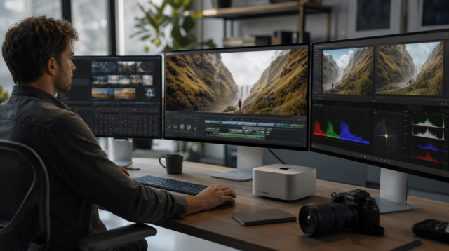 Mac Studio připojený k několika monitorům ve střihovně Mac Studio připojený k několika monitorům ve střihovně