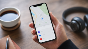 Obrazovka appky Najít na iPhonu se ztraceným zařízením označeným na mapě
