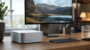 Kompaktní stolní počítač Mac mini na stole s monitorem
