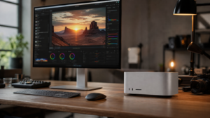 Profesionální stolní počítač Mac Studio na pracovním stole s monitorem