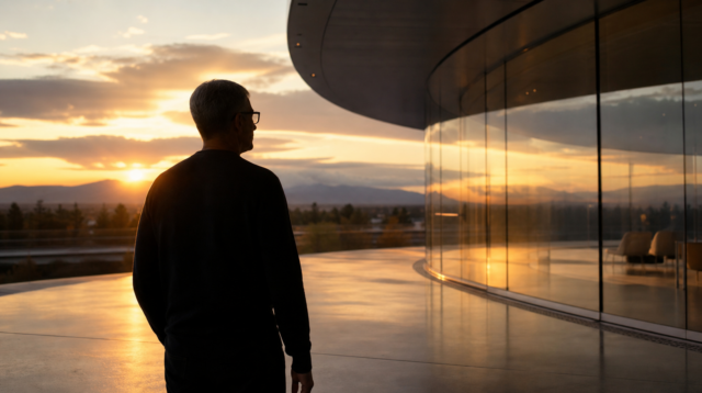 Symbolické ztvárnění odchodu šéfa Applu z kampusu Apple Park Symbolické ztvárnění odchodu šéfa Applu z kampusu Apple Park