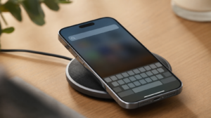 Vyhledávání Spotlight na obrazovce iPhonu na nabíječce