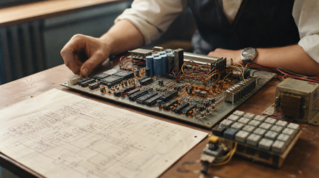 Stará školní deska s elektronickými obvody a technickými schématy