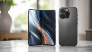 Skládací telefon v knižním designu ilustrující únik Xiaomi 18 Fold před keynote Applu