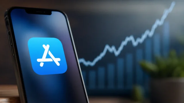 Ikona App Storu na iPhonu s grafickým motivem růstu tržeb
