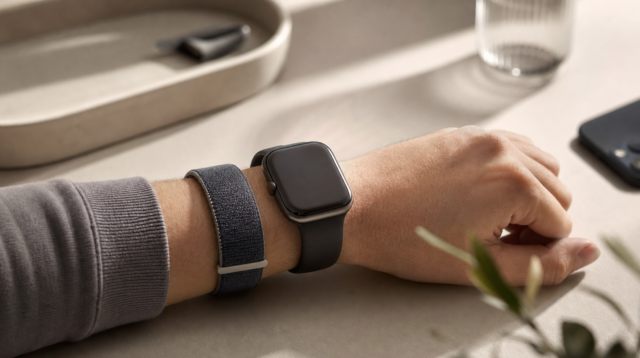 Textilní fitness náramek bez displeje na zápěstí vedle Apple Watch