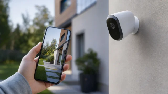 Bezpečnostní kamera chytré domácnosti a telefon s aplikací Domácnost Bezpečnostní kamera chytré domácnosti a telefon s aplikací Domácnost