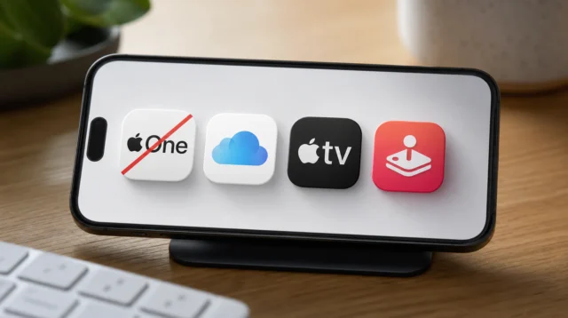 Ikony služeb Apple One, iCloud+, Apple TV a Apple Arcade na obrazovce iPhonu