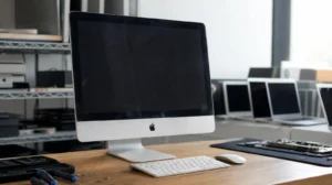 Starší stříbrný Intel iMac na stole, ilustrace k tématu vintage a obsolete zařízení Apple
